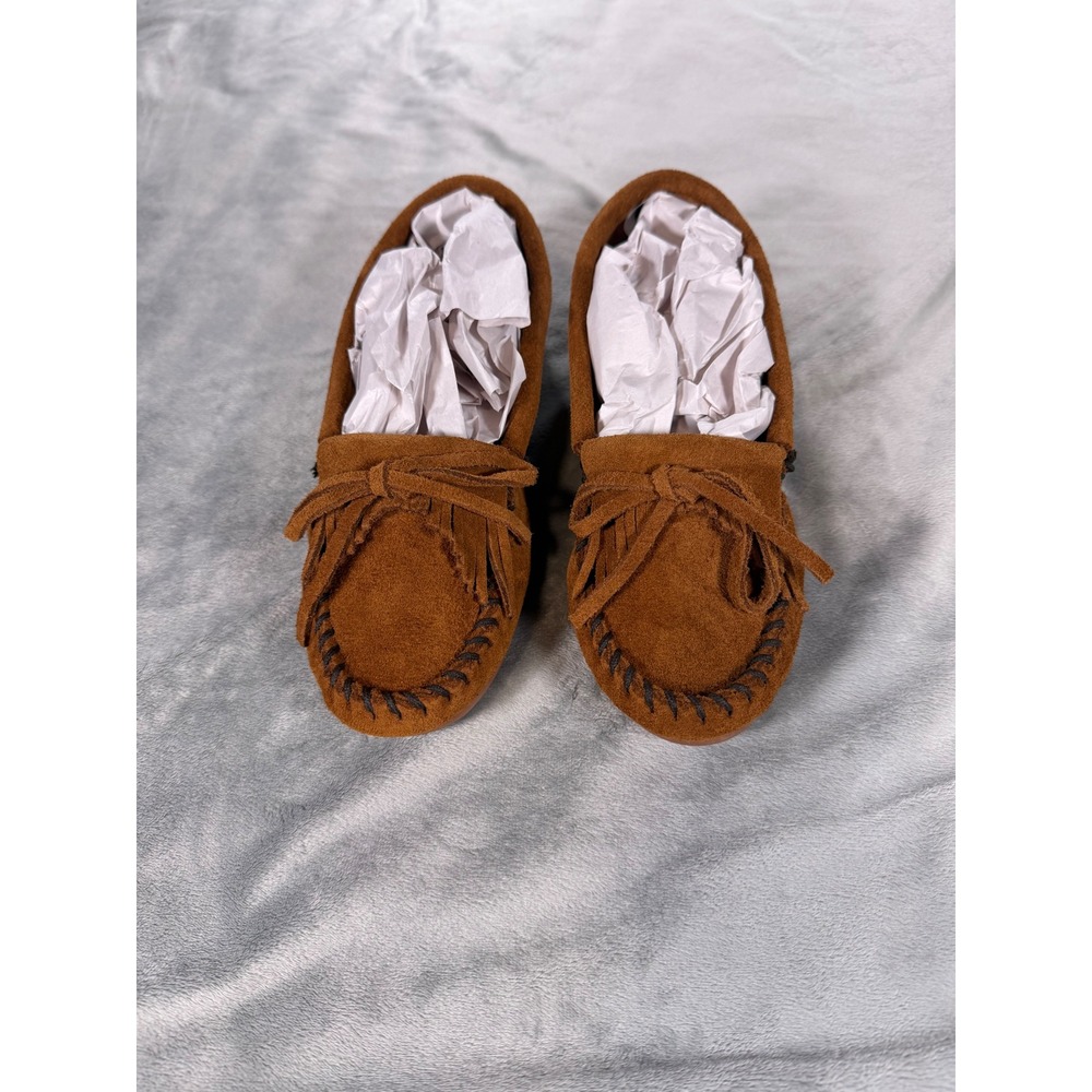 Minnetonka Womens Kilty Hard Sole 402 Suede Bow Fringe Moccasins Brown Sz 6 New